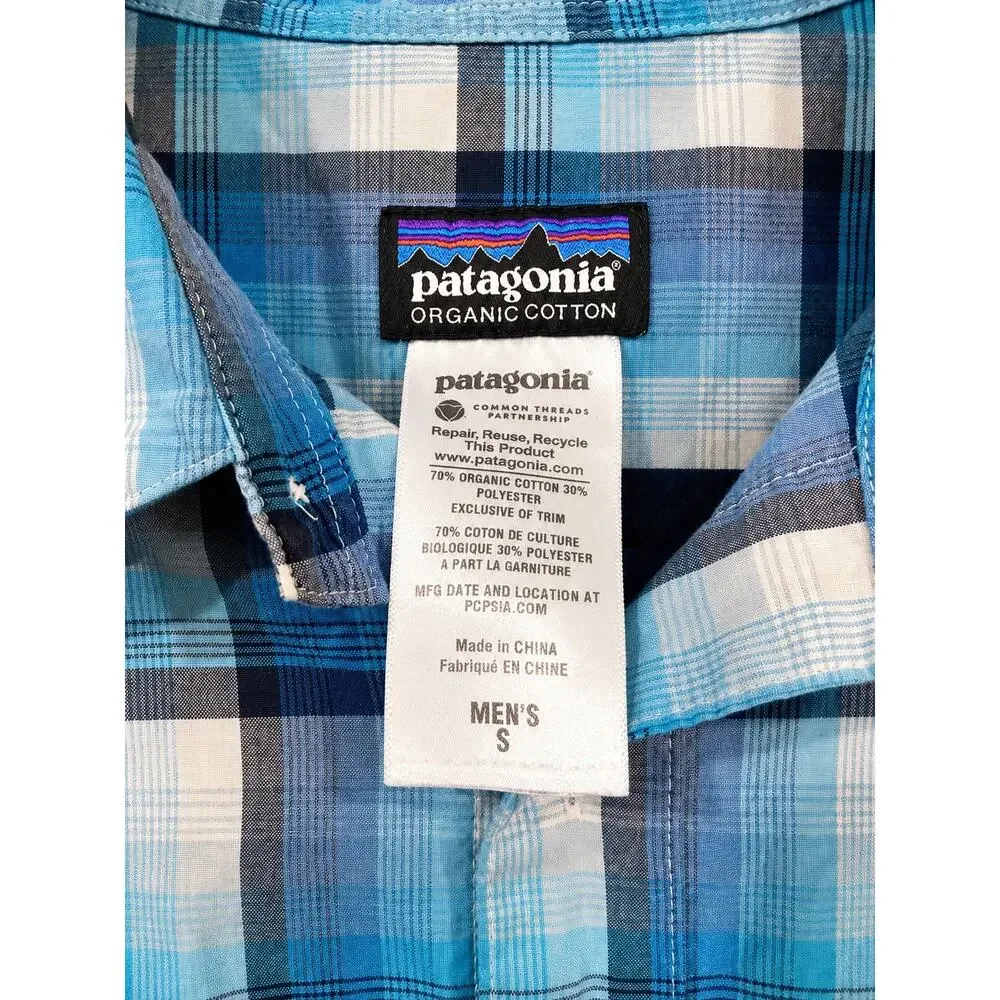 Patagonia Fezzman Men’s Small Blue Plaid Organic Cotton Camp Short Sleeve‎ Shirt